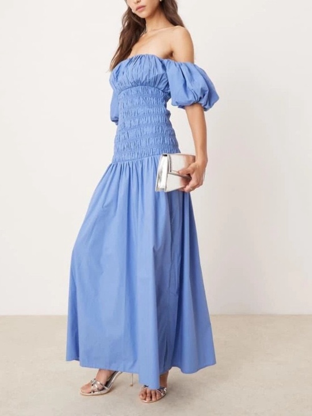 Abercrombie Cornflower Blue Off Shoulder Smocked Maxi Dress Cottagecore M